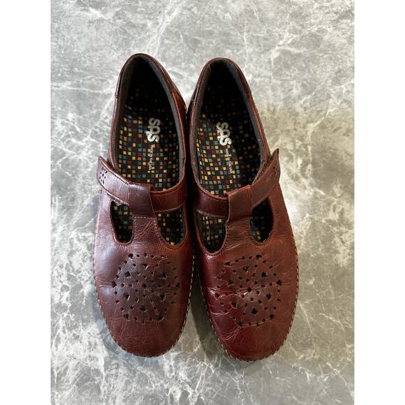 SAS SZ 10M Willow Brown Leather T-Strap Loafers Comfort Shoe Walking Cushion - Picture 6 of 9